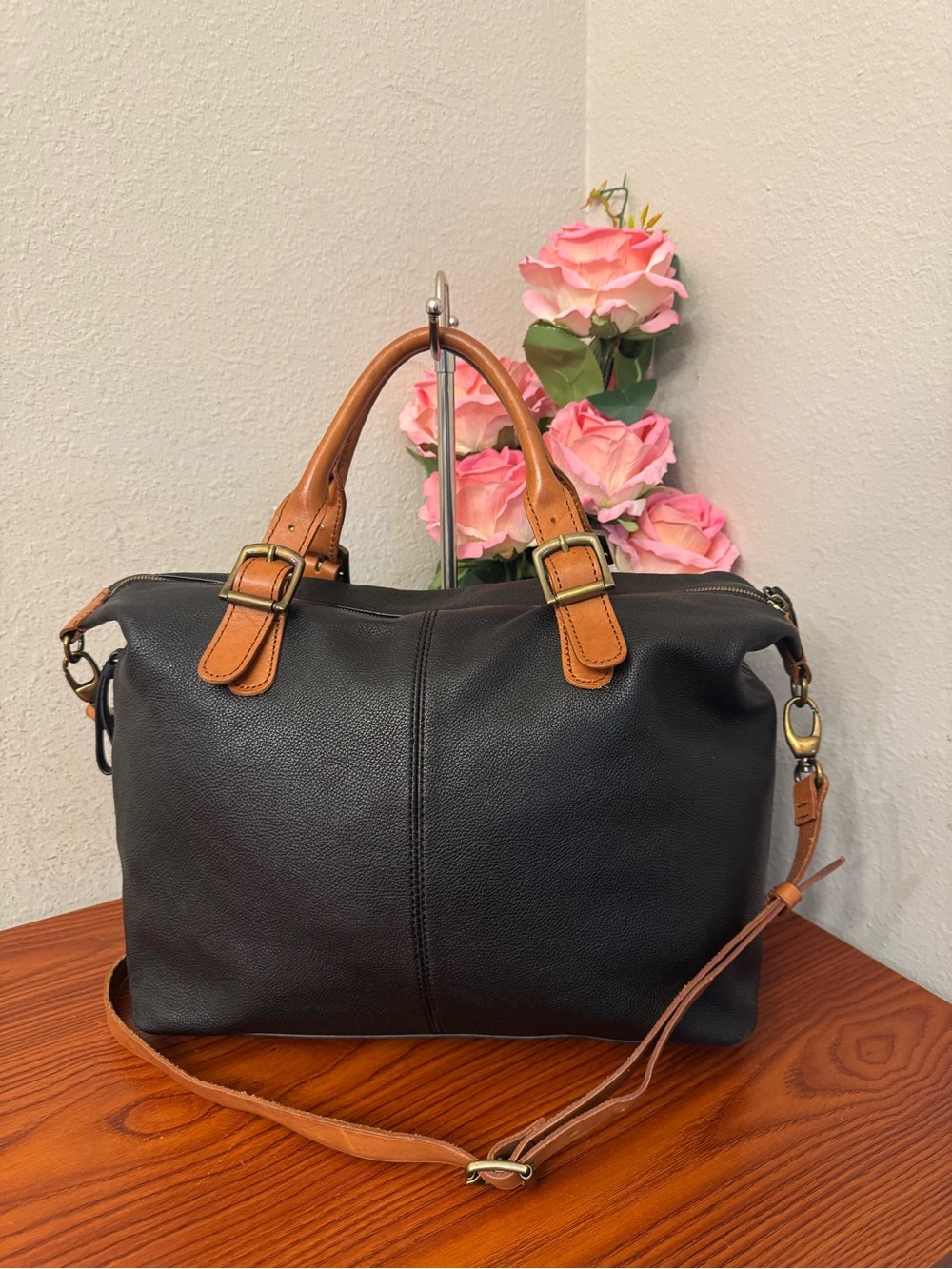 Black Leather Shoulder Bag with Tan Handles and Strap